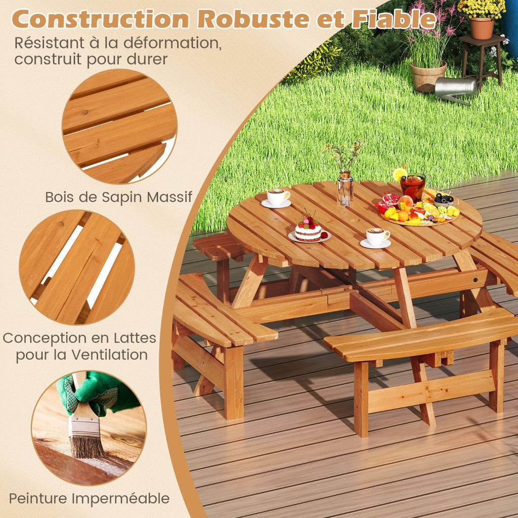 Ensemble Table de Pique-Nique en Bois pour 2 à 8 Personnes Set Table et Banc Circulaire avec 4 Bancs Intégrés Trou de Parasol de 5cm Marron/Jaune -