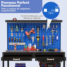 Load image into Gallery viewer, Établi de Bricolage 121 x 61 cm Table de Travail en Métal de 230 kg avec 3 Panneaux Perforés 24 Accessoires de Suspension Noir/Bleu Marine -