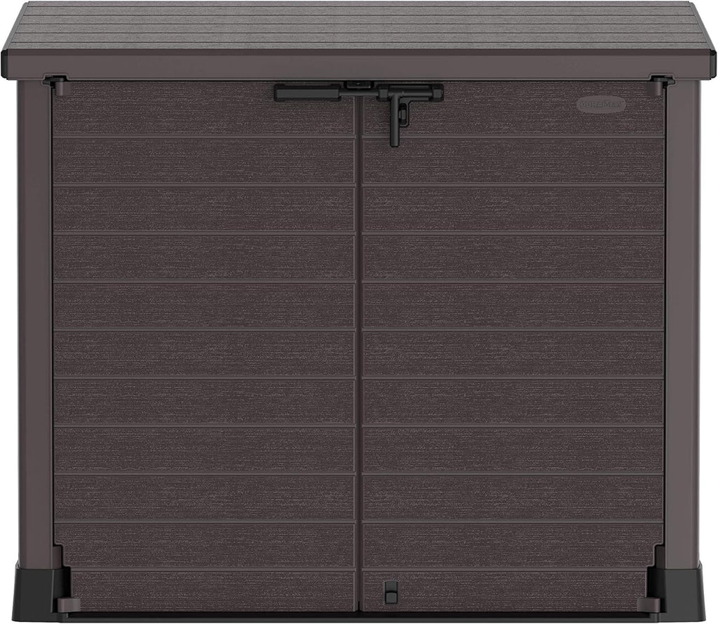 Duramax StoreAway 1200L Plastic Garden Shed/ Flat Lid,Outdoor Storage Shed,Wheelie Bin Hideaways,Wheelie bin box,Durable Construction,Ideal for Bikes,BBQs & 2x 240L Bins,145x85x125 cm,Brown