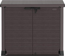 Load image into Gallery viewer, Duramax StoreAway 1200L Plastic Garden Shed/ Flat Lid,Outdoor Storage Shed,Wheelie Bin Hideaways,Wheelie bin box,Durable Construction,Ideal for Bikes,BBQs &amp; 2x 240L Bins,145x85x125 cm,Brown