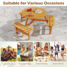 Load image into Gallery viewer, 6-Person Round Wood Picnic Table Set with 3 Built-in Benches &amp; 2" Umbrella Hole, Holds 1850 LBS, Outdoor Dining Table &amp; Bench for Patio Garden