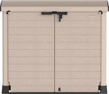 Load image into Gallery viewer, Duramax StoreAway 1200L Plastic Garden Shed/ Flat Lid,Outdoor Storage Shed,Wheelie Bin Hideaways,Wheelie bin box,Durable Construction,Ideal for Bikes,BBQs &amp; 2x 240L Bins,145x85x125 cm,Brown