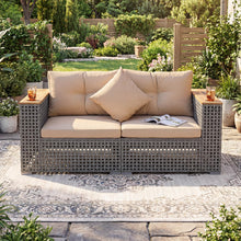 Load image into Gallery viewer, Tangkula 62.5" Large Patio Wicker Loveseat with Acacia Wood Armrests &amp; Cup Holders
