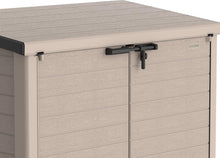 Load image into Gallery viewer, Duramax StoreAway 1200L Plastic Garden Shed/ Flat Lid,Outdoor Storage Shed,Wheelie Bin Hideaways,Wheelie bin box,Durable Construction,Ideal for Bikes,BBQs &amp; 2x 240L Bins,145x85x125 cm,Brown