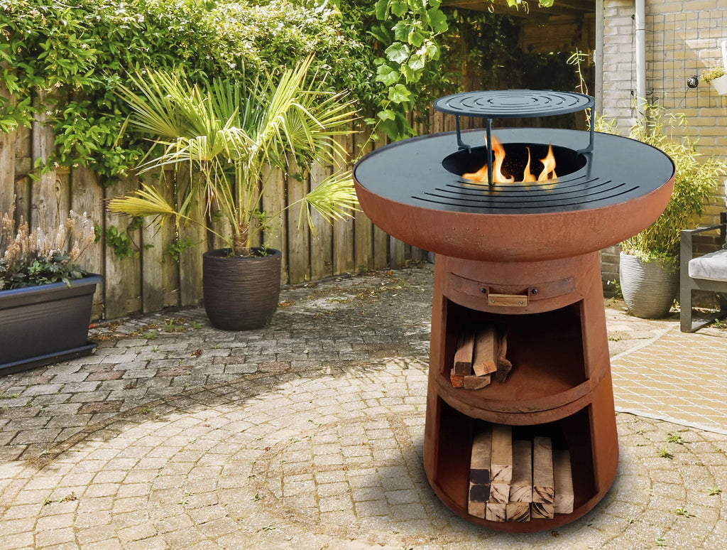 Barbecue rond avec plaque ronde en acier et grille en acier corten -