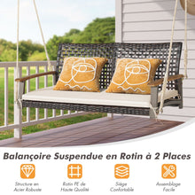 Load image into Gallery viewer, Banc Suspendu de Jardin en Rotin 2 Place Accoudoirs en Bois d'Acacia Cadre en Mtal Coussin Cordes Crochets Blanc/Noir -