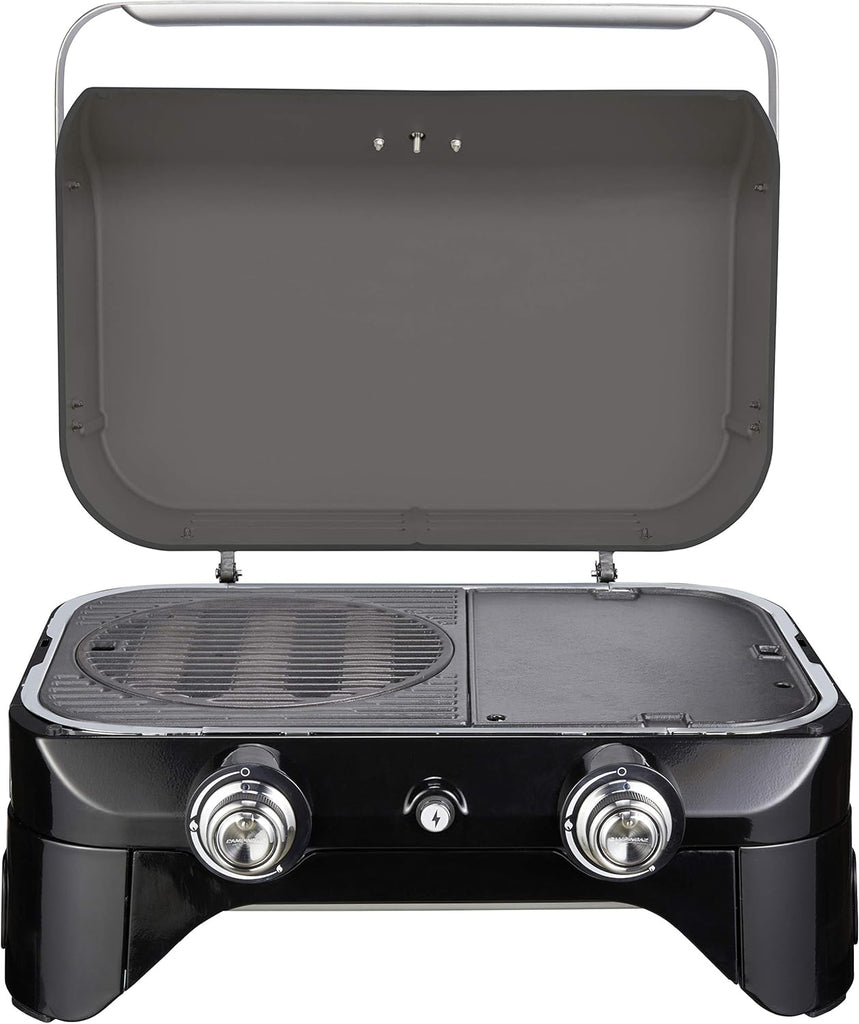 Attitude2go,Barbecue de Table  Faible fume,BBQ Portable, Couvercle,thermomtre,et Grille en Fonte,Alimentation : Cartouche de gaz CV 470 Plus,Gris