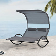 Load image into Gallery viewer, Chaise Longue Double Chaise  Bascule pour 2 Personnes 2 Appui-T锚tes Amovibles Cadre en Mtal Robuste Lit de Repos Ergonomique 2 Places Gris/Noir/Beige -