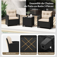 Load image into Gallery viewer, Ensemble de Meubles 3 Pices de Patio en Rotin Charge 180KG Salon de Jardin 2 Fauteuils Table Basse avec Plateau Noir/Beige/Blanc -