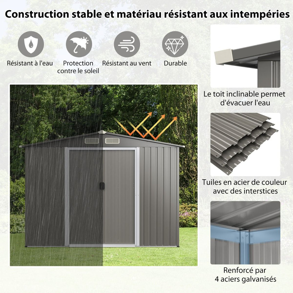 Abri de Jardin Mtal Extrieur 9.74m鲁 Acier Galvanis avec Fondation 4 Persiennes Double Porte et Rampe 260 x 207 x 181 cm Gris Fonc/Gris Clair -