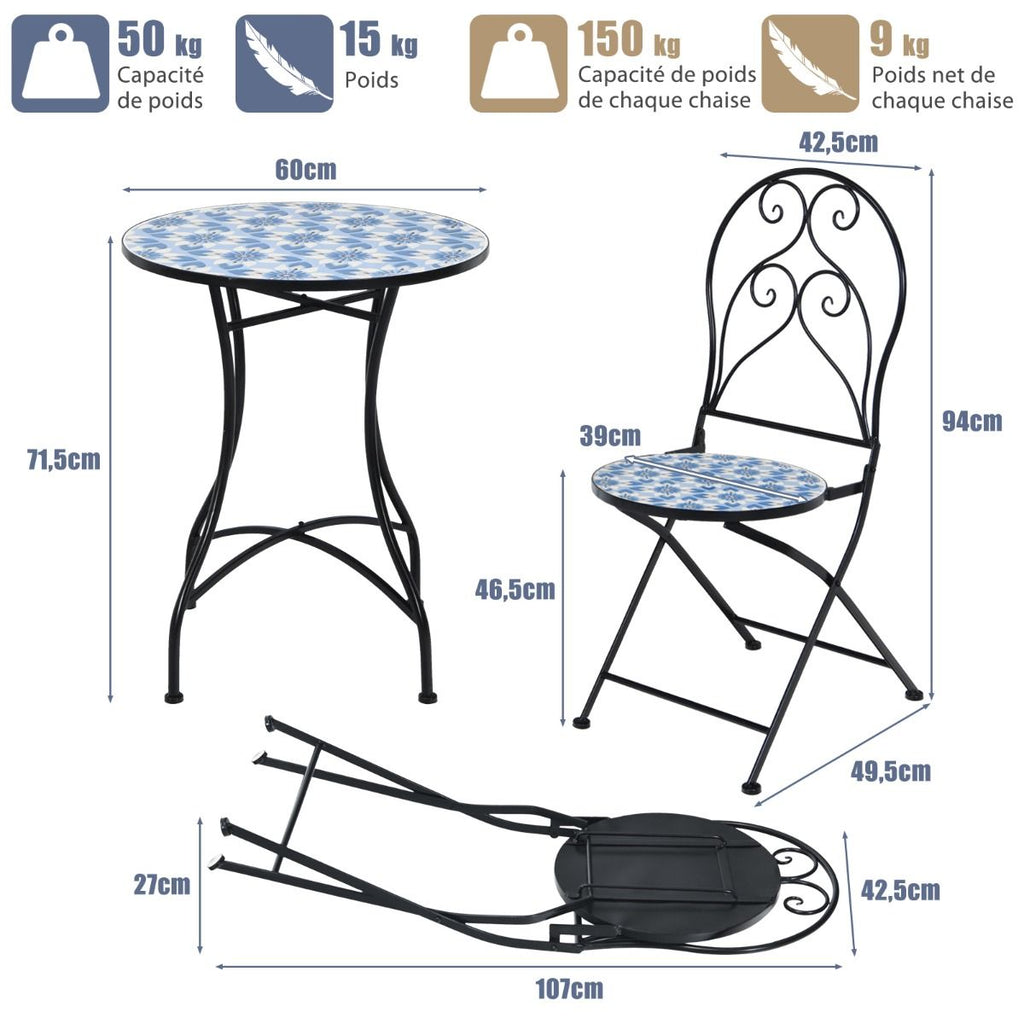 Ensemble Table et 2 Chaises Pliantes de Bistrot 2 Personnes Design Carreaux de Mosaïque Collés sur du Ciment pour Terrasse -