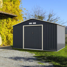 Load image into Gallery viewer, Abri de jardin en métal 8,67 340 x 255 x 210 cm avec 2 portes coulissantes verrouillables 4 trous d’aération gris pour vélo 20_0005483 -