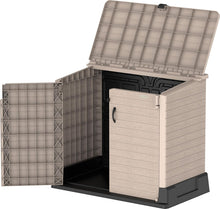Load image into Gallery viewer, Duramax StoreAway 1200L Plastic Garden Shed/ Flat Lid,Outdoor Storage Shed,Wheelie Bin Hideaways,Wheelie bin box,Durable Construction,Ideal for Bikes,BBQs &amp; 2x 240L Bins,145x85x125 cm,Brown