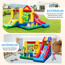 Load image into Gallery viewer, Château Gonflable à Thème Arc-en-ciel 7 en 1 avec Ventilateur Double Toboggans Piscine à Balles Panier de Basket Charge 90kg -