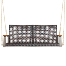 Load image into Gallery viewer, Banc Suspendu de Jardin en Rotin 2 Place Accoudoirs en Bois d'Acacia Cadre en Mtal Coussin Cordes Crochets Blanc/Noir -