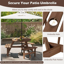 Load image into Gallery viewer, 6-Person Round Wood Picnic Table Set with 3 Built-in Benches &amp; 2" Umbrella Hole, Holds 1850 LBS, Outdoor Dining Table &amp; Bench for Patio Garden