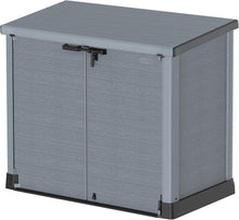 Load image into Gallery viewer, Duramax StoreAway 1200L Plastic Garden Shed/ Flat Lid,Outdoor Storage Shed,Wheelie Bin Hideaways,Wheelie bin box,Durable Construction,Ideal for Bikes,BBQs &amp; 2x 240L Bins,145x85x125 cm,Brown