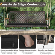 Load image into Gallery viewer, Banc Suspendu de Jardin en Rotin 2 Place Accoudoirs en Bois d'Acacia Cadre en Mtal Coussin Cordes Crochets Blanc/Noir -
