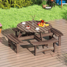 Load image into Gallery viewer, Ensemble Table de Pique-Nique en Bois pour 2  8 Personnes Set Table et Banc Circulaire avec 4 Bancs Intgrs Trou de Parasol de 5cm Marron/Jaune -