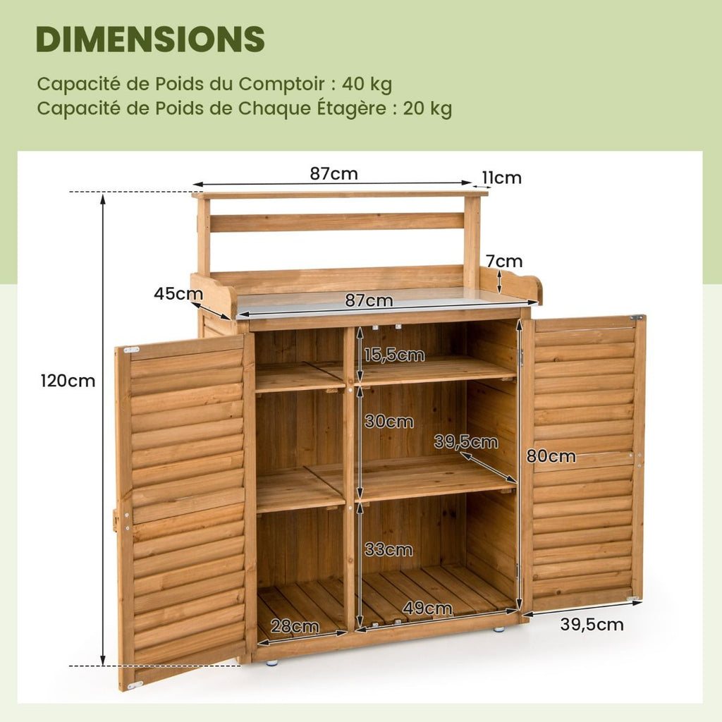 Banc d'Empotage d'Extérieur Table de Jardinage avec Comptoir en Métal Galvanisé 3 Crochets de Suspension Etagères Amovibles Naturel -