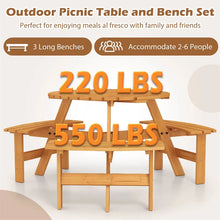 Load image into Gallery viewer, 6-Person Round Wood Picnic Table Set with 3 Built-in Benches &amp; 2" Umbrella Hole, Holds 1850 LBS, Outdoor Dining Table &amp; Bench for Patio Garden