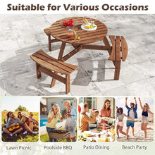 Load image into Gallery viewer, 6-Person Round Wood Picnic Table Set with 3 Built-in Benches &amp; 2" Umbrella Hole, Holds 1850 LBS, Outdoor Dining Table &amp; Bench for Patio Garden