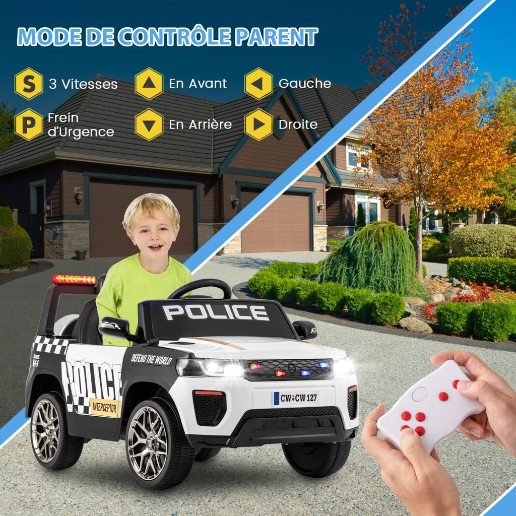 Voiture de Police Electrique Alimente par Batterie 12 V/7 A Tlcommande Connexion Sans Fil Musique Klaxon Sirne Lumires LED Blanc -