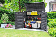 Load image into Gallery viewer, Duramax StoreAway 1200L Plastic Garden Shed/ Flat Lid,Outdoor Storage Shed,Wheelie Bin Hideaways,Wheelie bin box,Durable Construction,Ideal for Bikes,BBQs &amp; 2x 240L Bins,145x85x125 cm,Brown