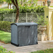 Load image into Gallery viewer, Duramax StoreAway 1200L Plastic Garden Shed/ Flat Lid,Outdoor Storage Shed,Wheelie Bin Hideaways,Wheelie bin box,Durable Construction,Ideal for Bikes,BBQs &amp; 2x 240L Bins,145x85x125 cm,Brown