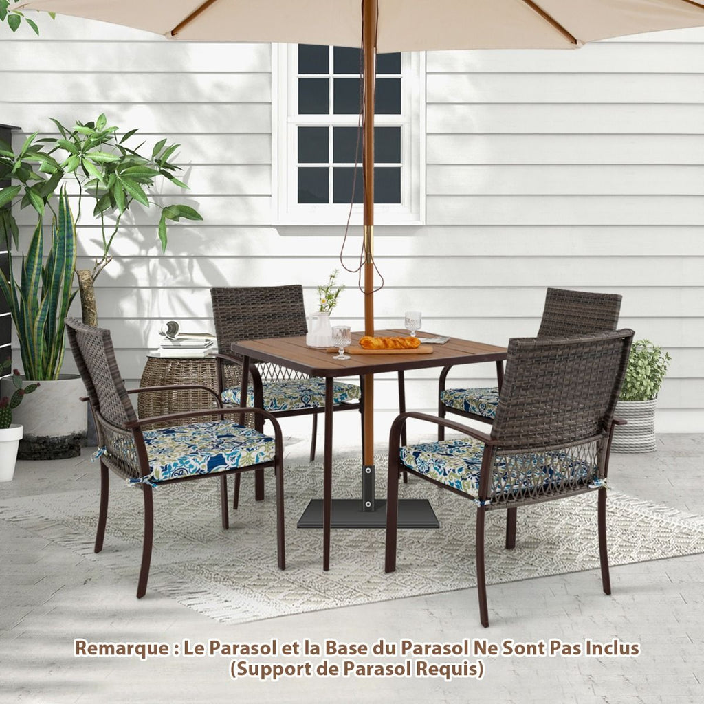 Ensemble de Meubles de Patio 5 Pièces Salon de Jardin 4 Fauteuils en Rotin avec Coussins et Table Carrée avec Trou pour Parasol -
