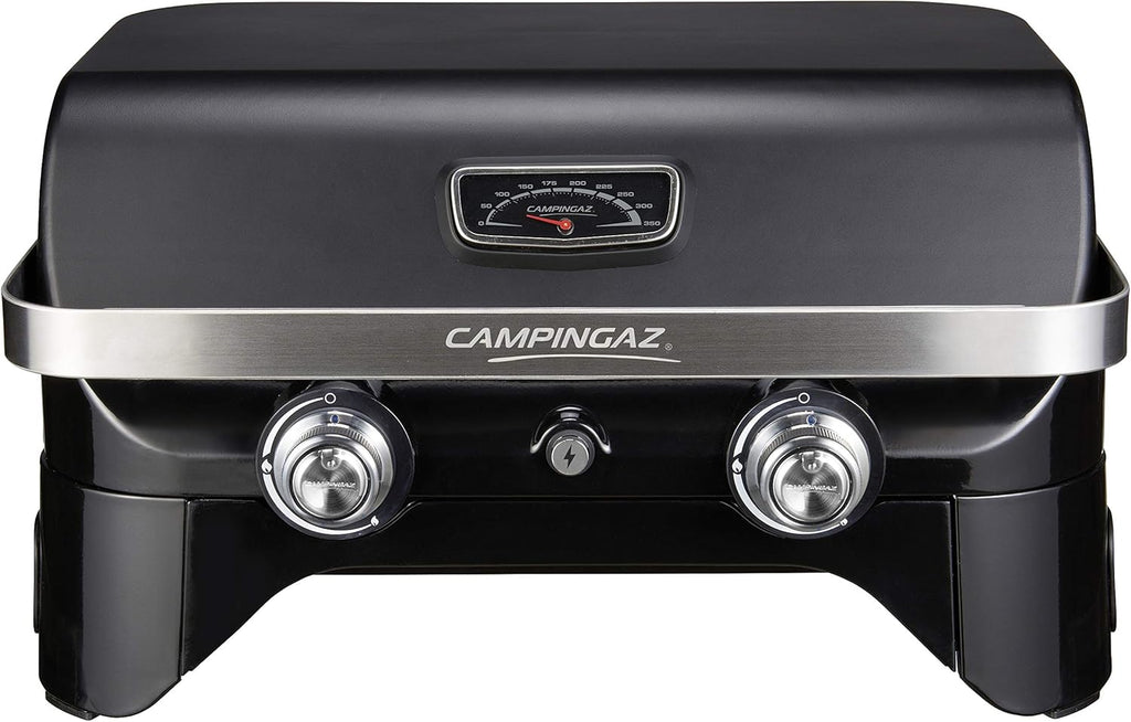 Attitude2go,Barbecue de Table  Faible fume,BBQ Portable, Couvercle,thermomtre,et Grille en Fonte,Alimentation : Cartouche de gaz CV 470 Plus,Gris