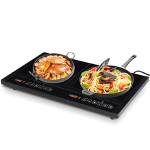 Load image into Gallery viewer, Double Plaque de Cuisson Electrique en Vitrocéramique 1800W+1800W 2 Zones 8 Niveaux de Température/Puissance Variables Noir -