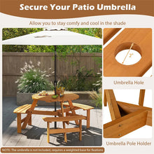 Load image into Gallery viewer, 6-Person Round Wood Picnic Table Set with 3 Built-in Benches &amp; 2" Umbrella Hole, Holds 1850 LBS, Outdoor Dining Table &amp; Bench for Patio Garden