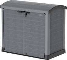 Load image into Gallery viewer, Duramax StoreAway 1200L Plastic Garden Shed/ Flat Lid,Outdoor Storage Shed,Wheelie Bin Hideaways,Wheelie bin box,Durable Construction,Ideal for Bikes,BBQs &amp; 2x 240L Bins,145x85x125 cm,Brown