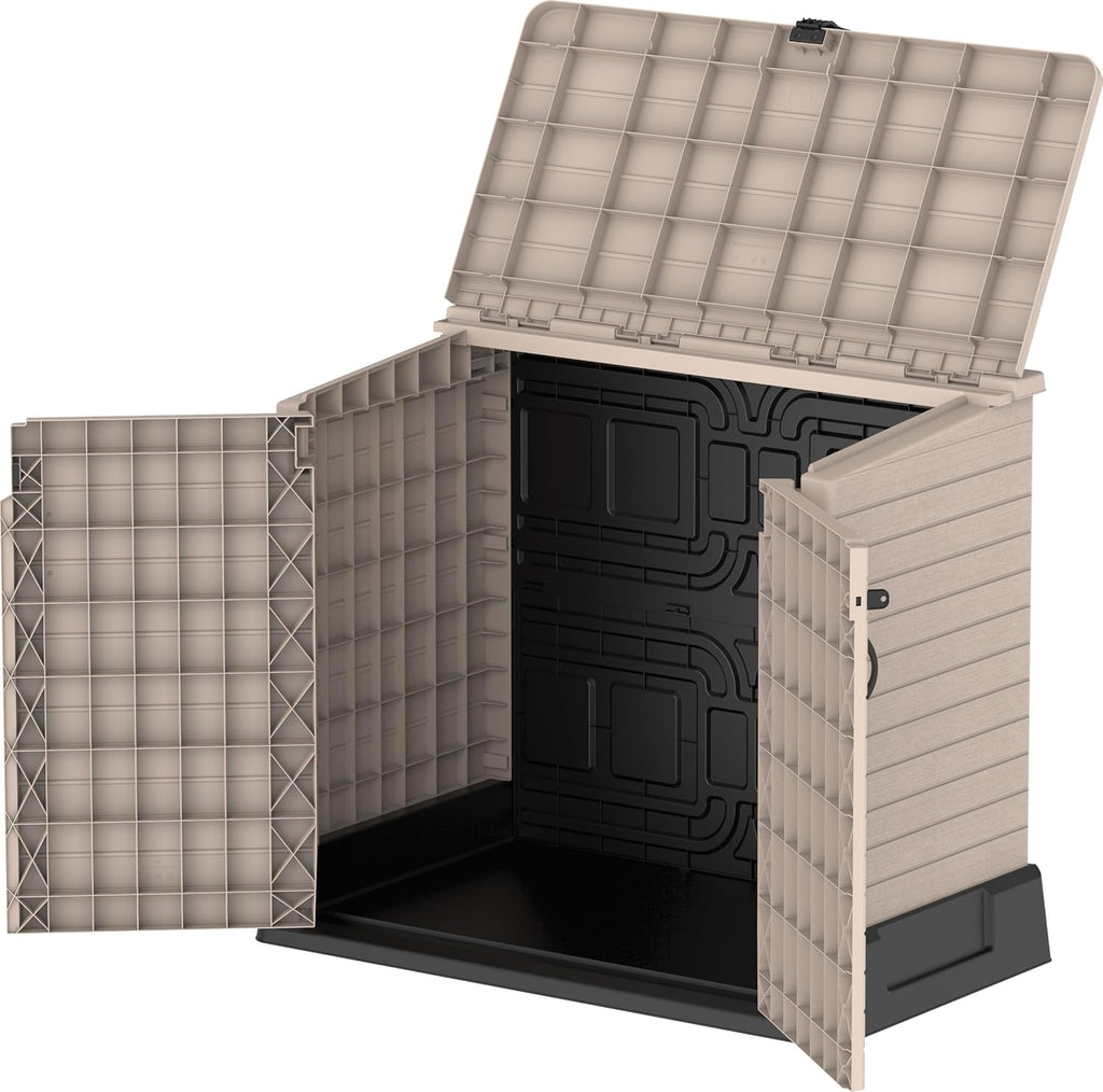 Duramax StoreAway 1200L Plastic Garden Shed/ Flat Lid,Outdoor Storage Shed,Wheelie Bin Hideaways,Wheelie bin box,Durable Construction,Ideal for Bikes,BBQs & 2x 240L Bins,145x85x125 cm,Brown