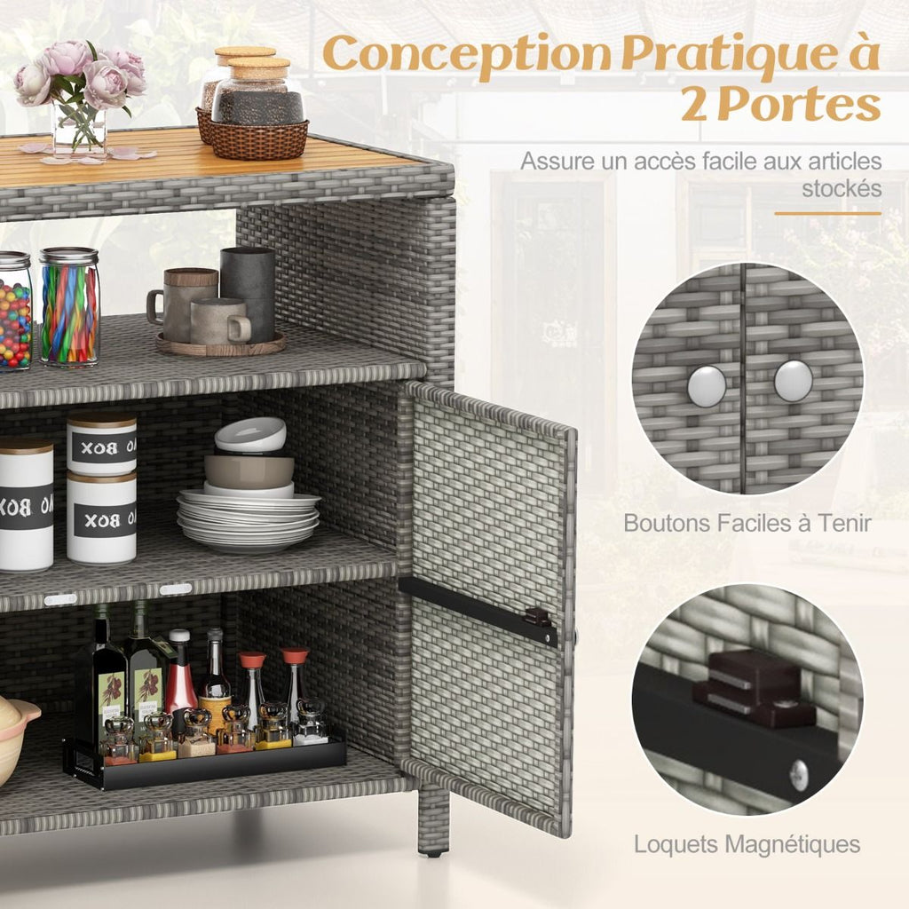 Armoire de Rangement Exterieur en Rotin Armoire de Jardin avec Plateau en Bois d'Acacia Compartiment Ouvert Buffet à 2 Portes -