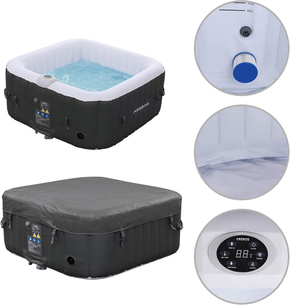 Arebos Spa Gonflable | pour l'intérieur et l'extérieur | 4 Personnes | 154x154cm | 100 Jets de Massage | Spa Bien-être Chauffage | Massage Gonflable Carré | 600 litres