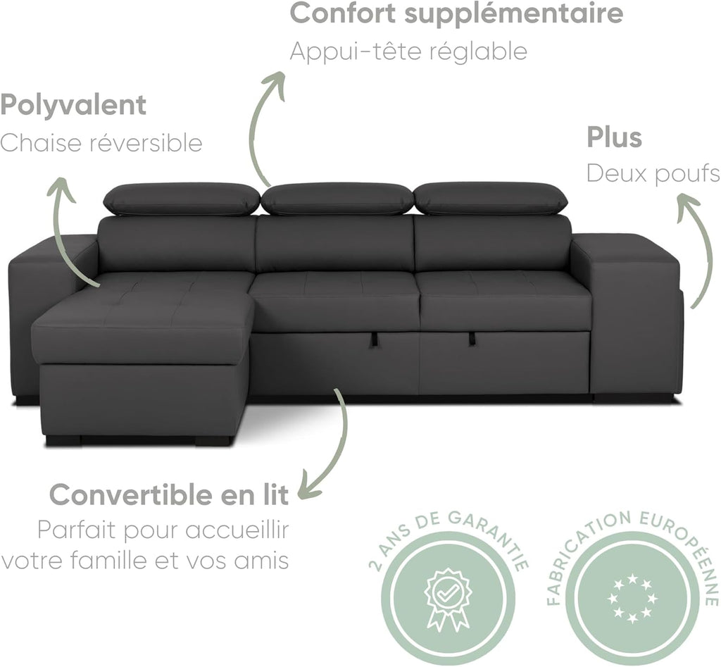 BUDWING John Canapé-Lit d’Angle 4 Places – Chaise Longue Réversible, Têtières Réglables et 2 Poufs – Revêtement en Polyuréthane – Style Moderne – 263x161x96 cm – Noir