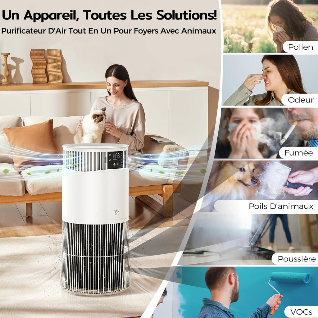 Amicura P2 Purificateur d'air Hepa pour Animaux et Personnes Allergiques, 843 m³/h CADR Contre les Poils d'animaux, Filtre Hospitalier H13 Hepa, 450 m³/h de Particules, Contrôle par App