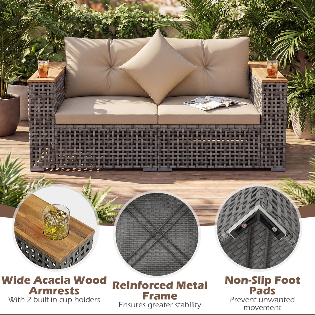 Tangkula 62.5" Large Patio Wicker Loveseat with Acacia Wood Armrests & Cup Holders