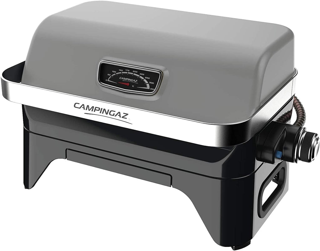 Attitude2go,Barbecue de Table à Faible fumée,BBQ Portable,à Couvercle,thermomètre,et Grille en Fonte,Alimentation : Cartouche de gaz CV 470 Plus,Gris