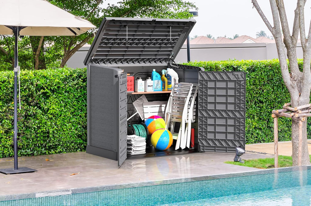 Duramax StoreAway 1200L Plastic Garden Shed/ Flat Lid,Outdoor Storage Shed,Wheelie Bin Hideaways,Wheelie bin box,Durable Construction,Ideal for Bikes,BBQs & 2x 240L Bins,145x85x125 cm,Brown