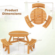 Load image into Gallery viewer, 6-Person Round Wood Picnic Table Set with 3 Built-in Benches &amp; 2" Umbrella Hole, Holds 1850 LBS, Outdoor Dining Table &amp; Bench for Patio Garden