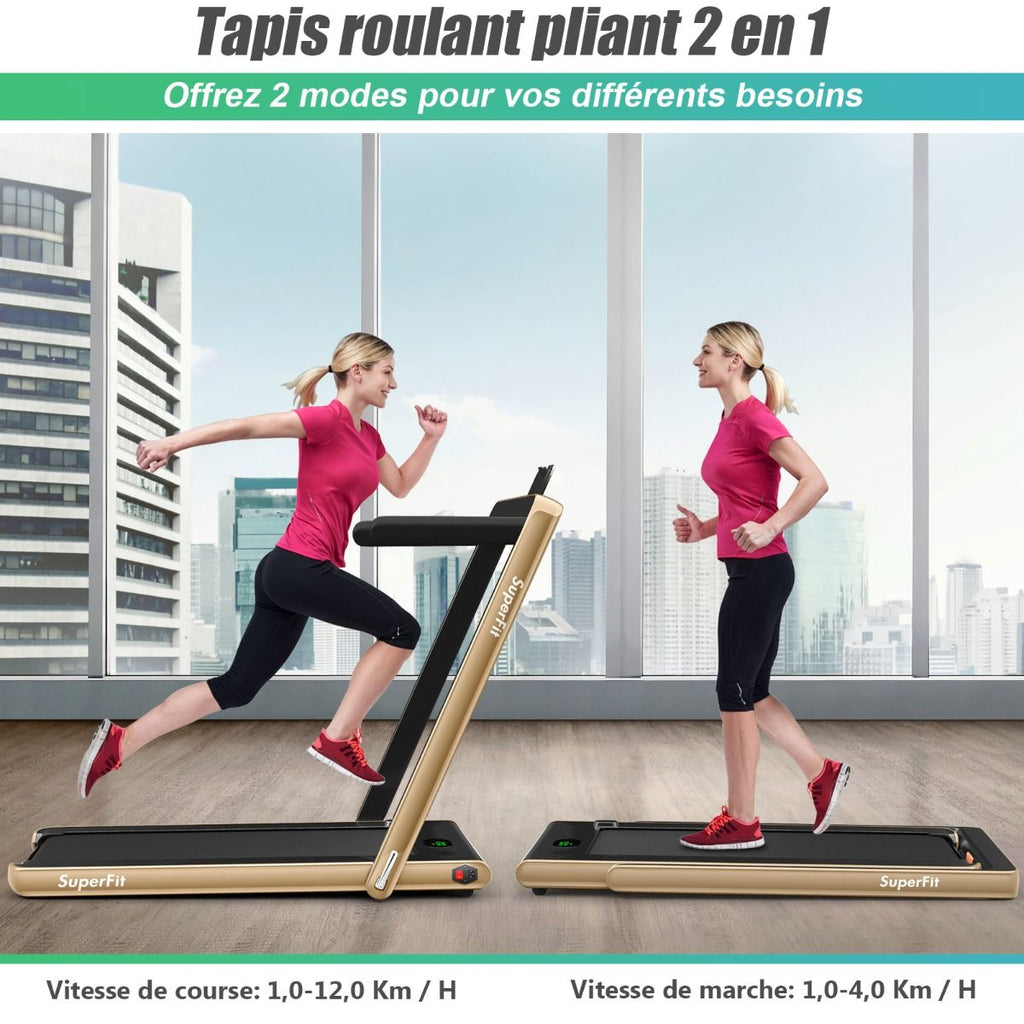 2 en 1 Tapis de Course Electrique Pliable 1  12 Km/H avec Haut-parleur Bluetooth Tlcommande Moteur 0,75HP Vert/Blanc/Noir/Rouge/Or/Noir et Argent/Bleu -