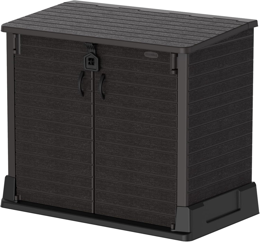 Duramax StoreAway 1200L Plastic Garden Shed/ Flat Lid,Outdoor Storage Shed,Wheelie Bin Hideaways,Wheelie bin box,Durable Construction,Ideal for Bikes,BBQs & 2x 240L Bins,145x85x125 cm,Brown