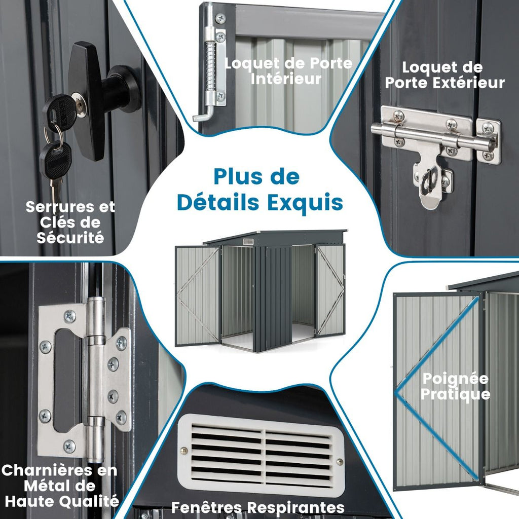 Abri de Jardin Extérieur Abri à Outils de Jardin avec 2 Portes Design Incliné Aérations Cadre en Métal Galvanisé 235x117x185cm Gris Foncé -