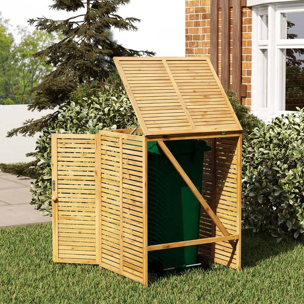 Abri à Poubelle en Bois de 120 L Abri pour Outils d'Extérieur avec Couvercle Ouvrable Doubles Portes Loquet de Verrouillage Naturel -