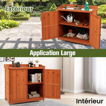 Load image into Gallery viewer, Costwy Rangement de Jardin Armoire en Bois Table de Jardinage avec Etagère Amovible 4 Roues Universelles Plateau en Acier Galvanisé -