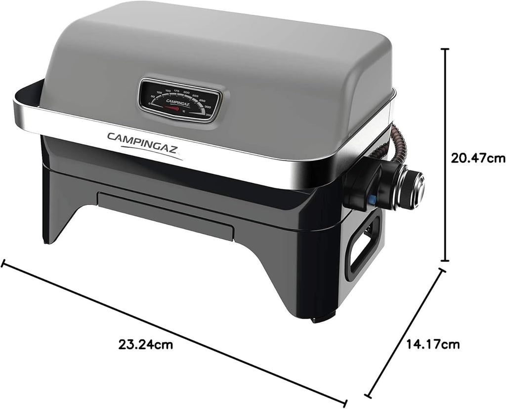 Attitude2go,Barbecue de Table à Faible fumée,BBQ Portable,à Couvercle,thermomètre,et Grille en Fonte,Alimentation : Cartouche de gaz CV 470 Plus,Gris