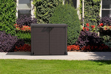 Load image into Gallery viewer, Duramax StoreAway 1200L Plastic Garden Shed/ Flat Lid,Outdoor Storage Shed,Wheelie Bin Hideaways,Wheelie bin box,Durable Construction,Ideal for Bikes,BBQs &amp; 2x 240L Bins,145x85x125 cm,Brown